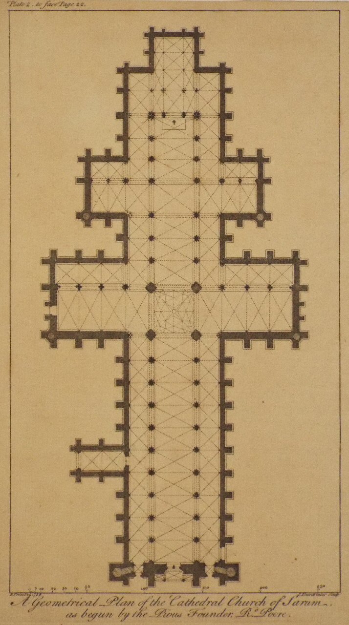 Print - A Geometrical Plan of the Cathedral of Sarum, as bgun by the Pious Founder, Rd. Poore. - Fourdrinier